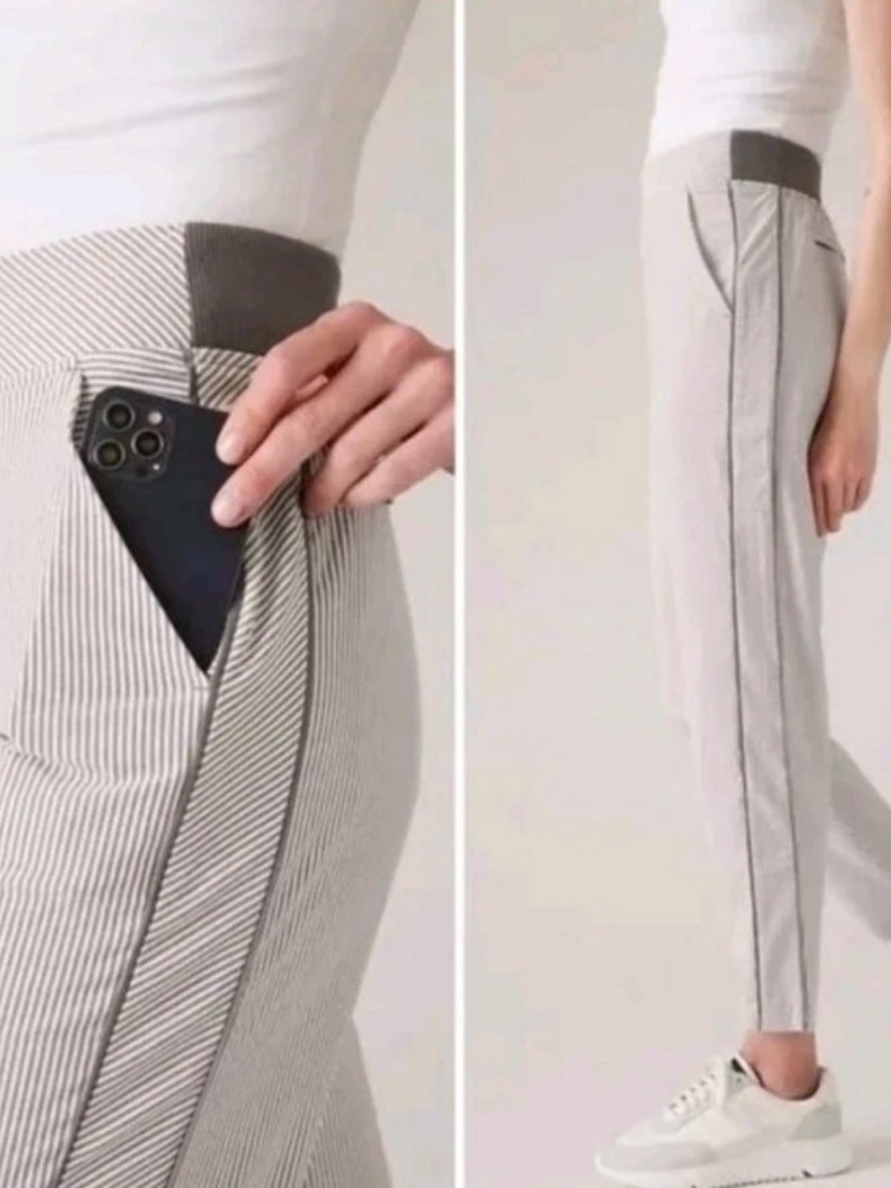 Athleta Brooklyn Pinstripe Ankle Pants — Light Gray with Dark Gray Waistband
